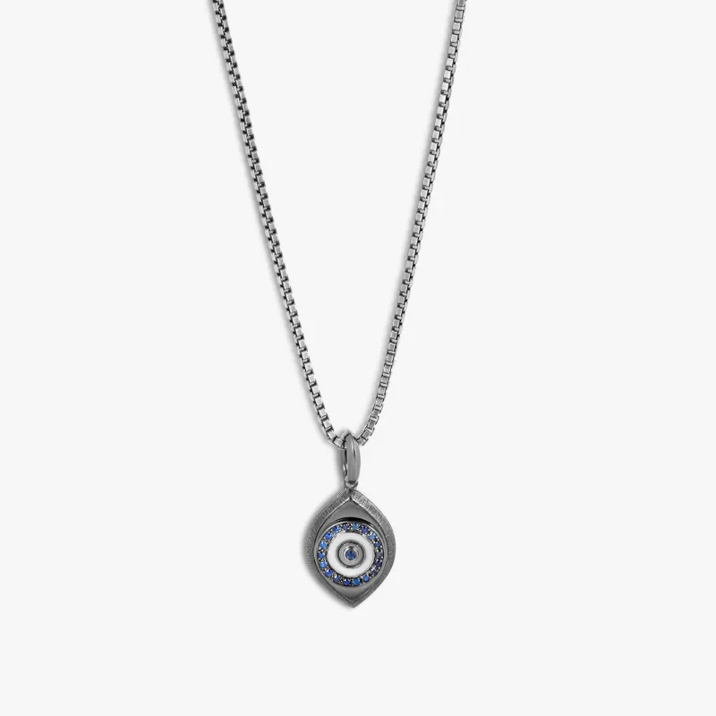 Paros Evil Eye Necklace In Black Rhodium & Sapphire sold by Tateossian