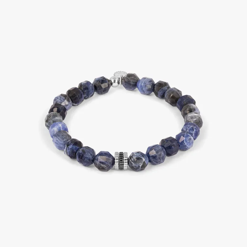 Gear Trio Hexade Beaded Bracelet in Rhodium Silver with Sodalite sold by Tateossian