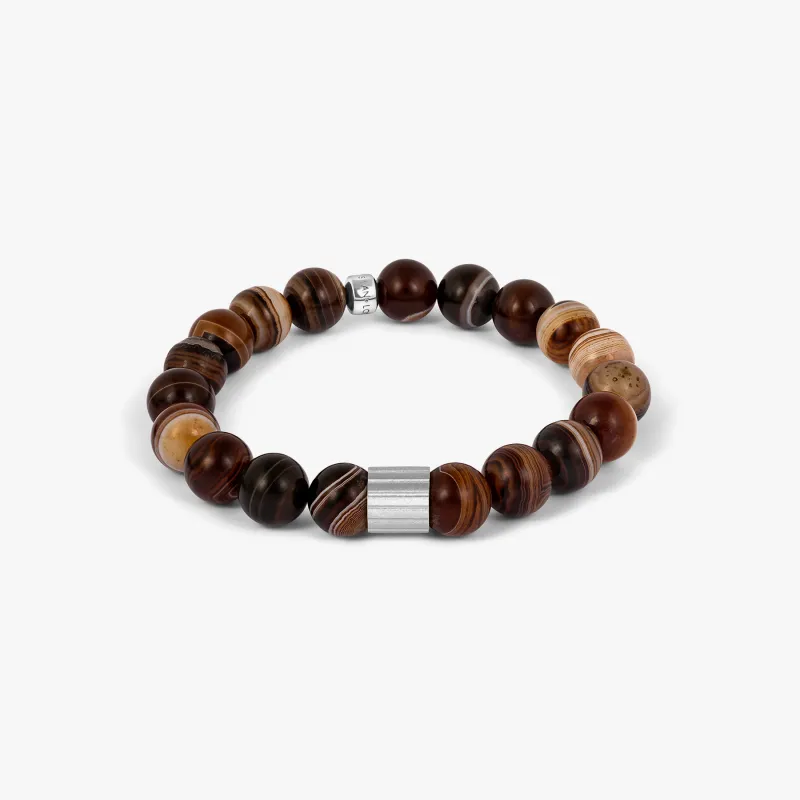 Maxi Pop Beaded Bracelet in Rhodium Silver with Brown Striped Agate sold by Tateossian