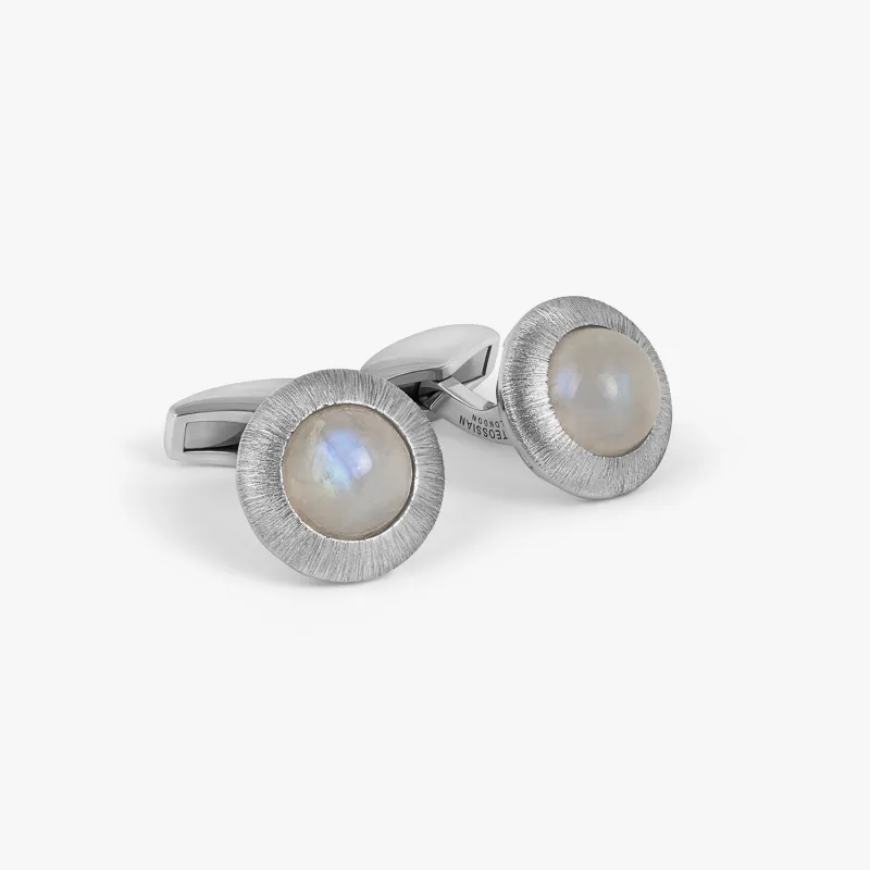 Graffiato Moonstone Cufflinks in Rhodium Silver with Multicolour made by Tateossian