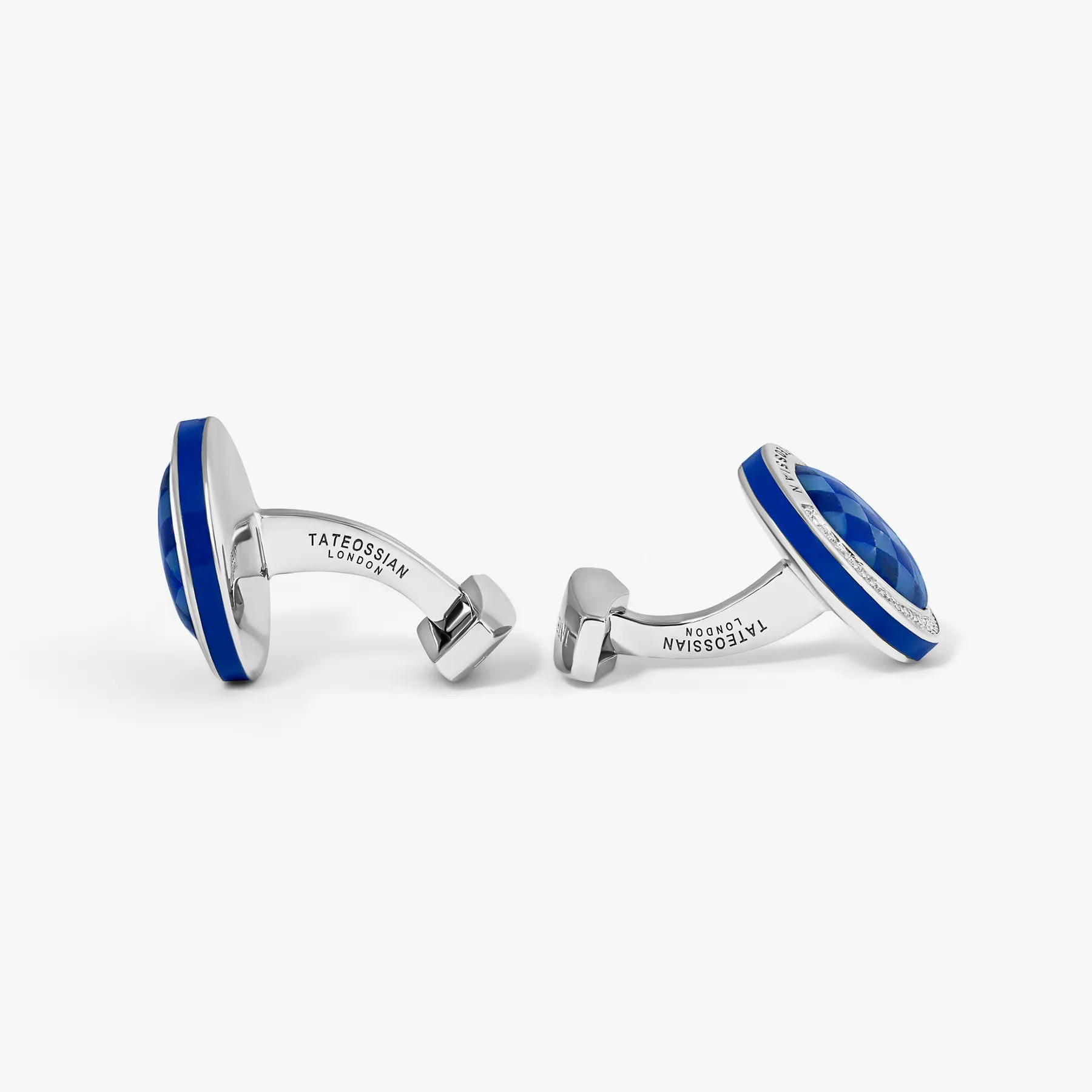 Signature Round Cufflinks in Rhodium Plated Silver with Lapis Mosaic Stone sold by Tateossian product image thumbnail 3