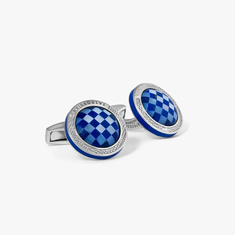Signature Round Cufflinks in Rhodium Plated Silver with Lapis Mosaic Stone sold by Tateossian