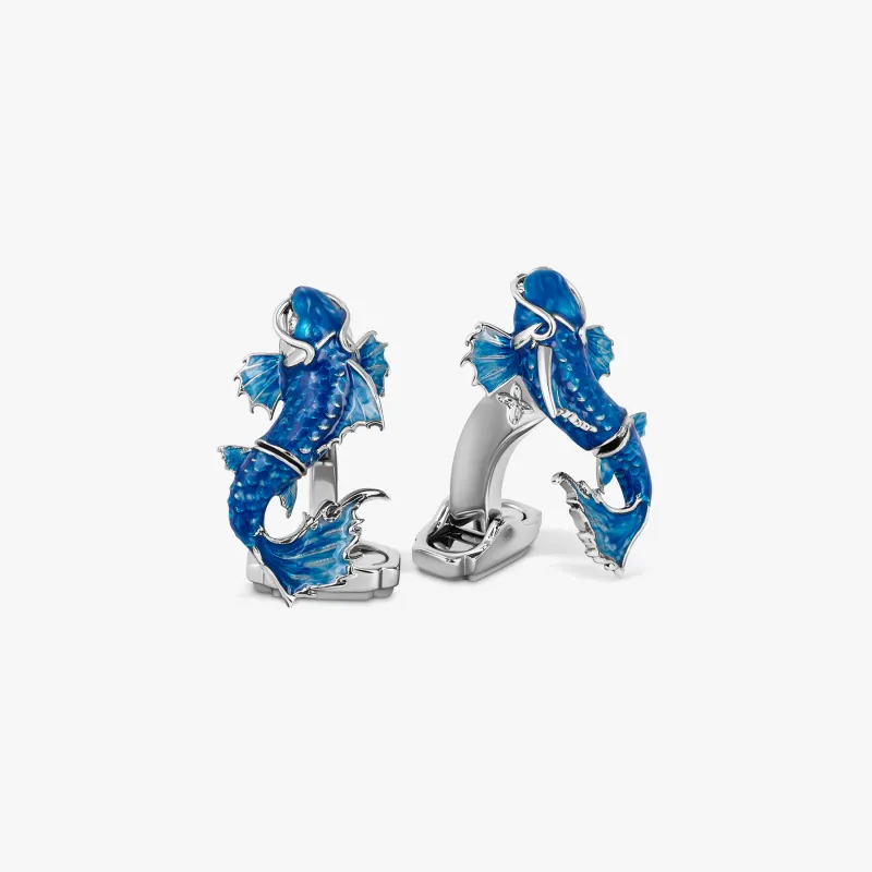 THOMPSON Koi Fish Cufflinks in White Bronze Plated with Blue Enamel sold by Tateossian