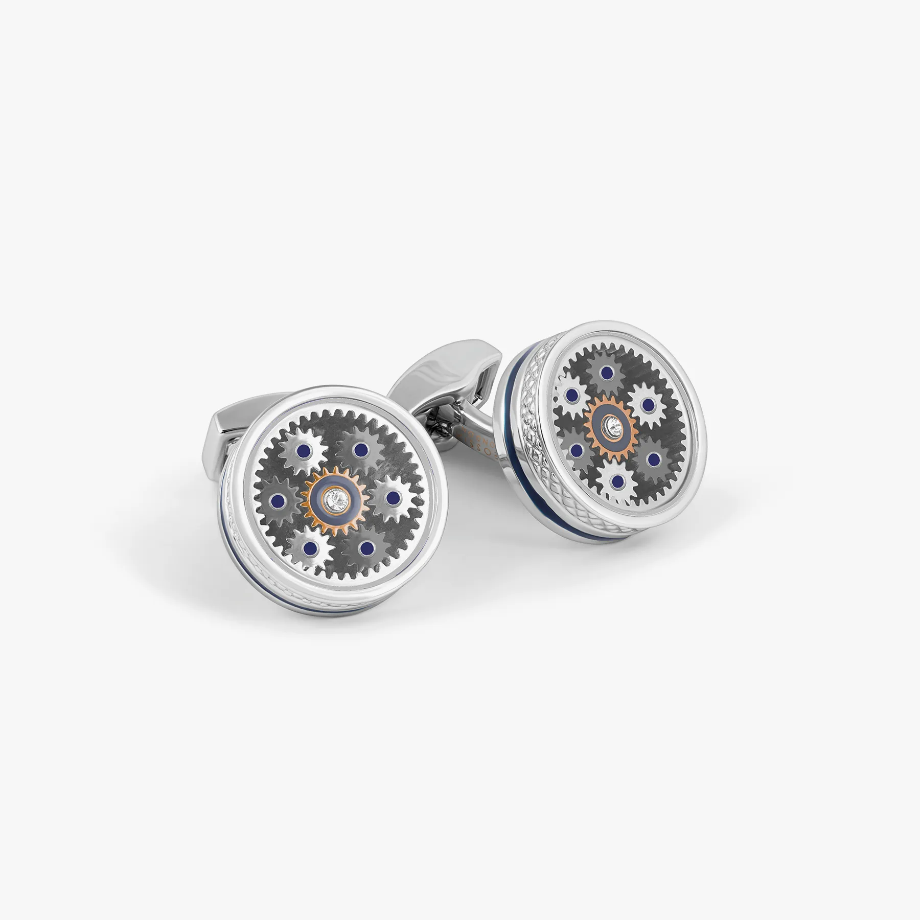 Septa Gear Cufflinks In Rose Gold & Palladium, With Carbon Fibre sold by Tateossian