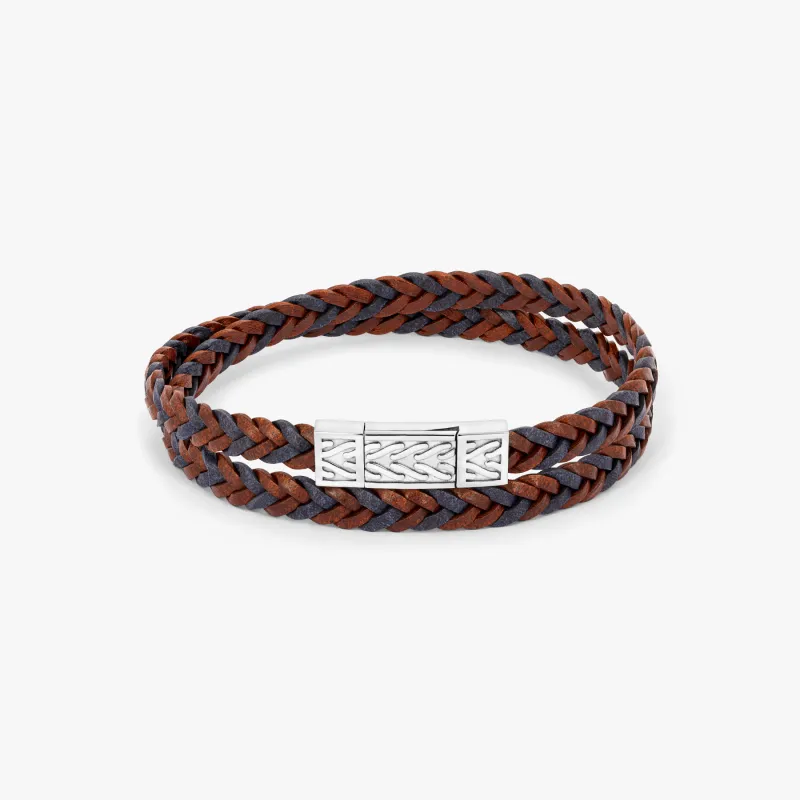 Herringbone Click Coda Di Volpe Pelle Leather Bracelet in Rhodium Silver with Blue and Brown sold by Tateossian