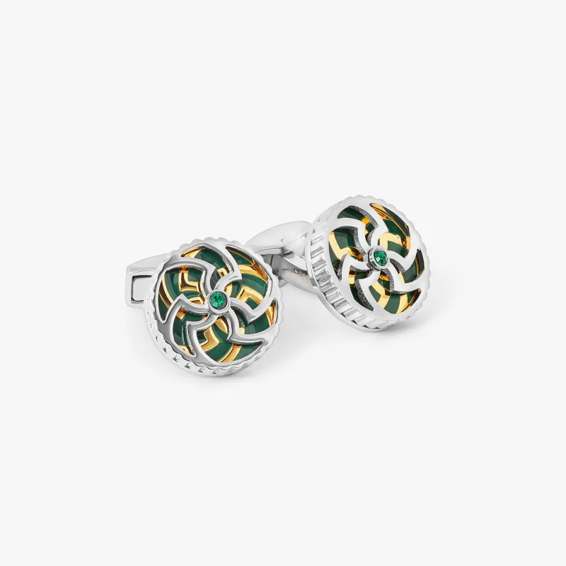 Rotating Trinity Cufflinks In Green Enamel With Swarovski Crystals sold by Tateossian