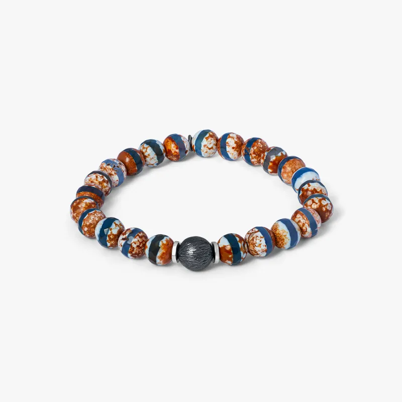 Lhasa Graffiato Beaded Bracelet in Black Ruthenium Silver with Brown Agate sold by Tateossian