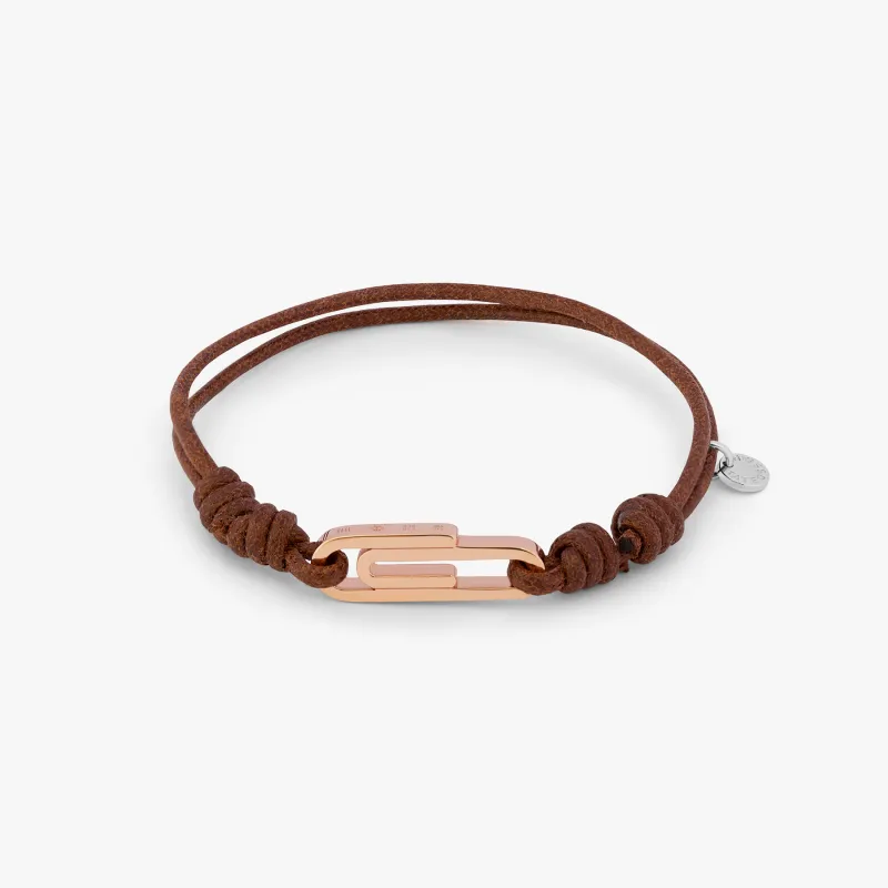 Rose gold plated sterling silver Paperclip macrame bracelet with wax cord sold by Tateossian