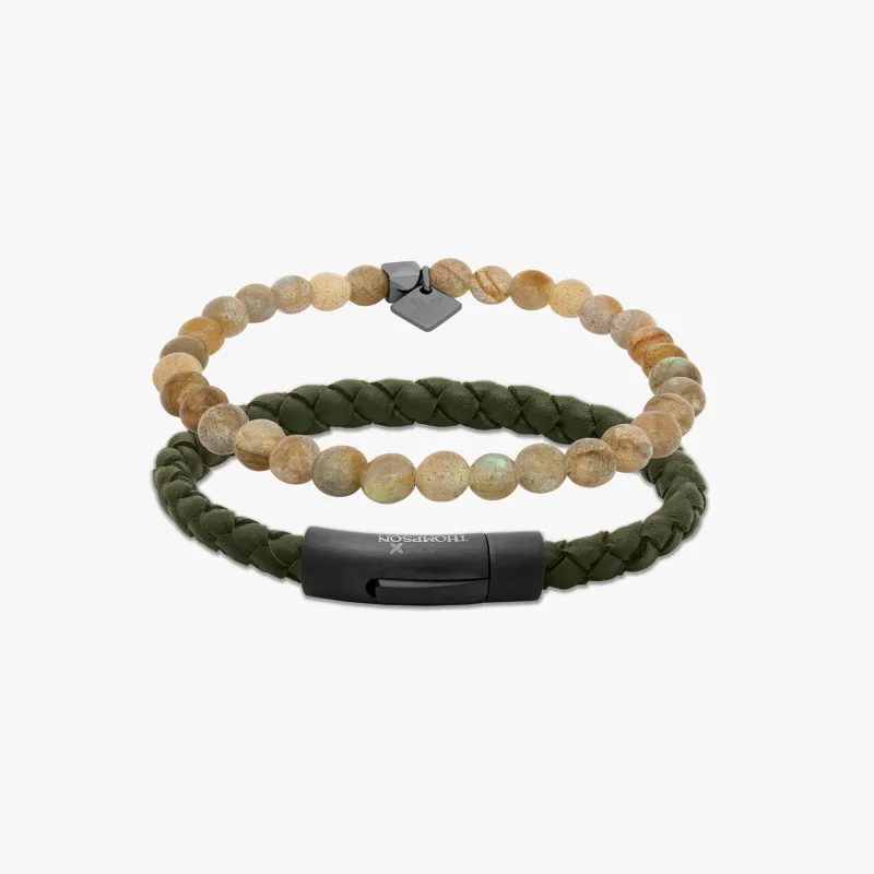 THOMPSON Black IP steel Tubo Classico Set bracelets in khaki leather sold by Tateossian
