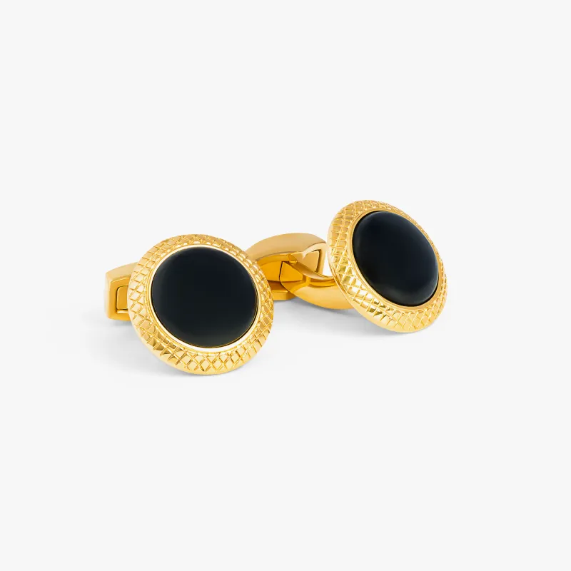Yellow plated Bullseye cufflinks with onyx sold by Tateossian