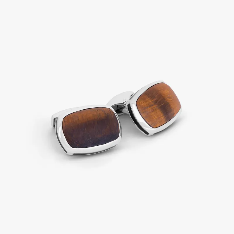 Signature Pillow bullet Cufflinks In Rhodium Plated Silver with Tiger Eye sold by Tateossian