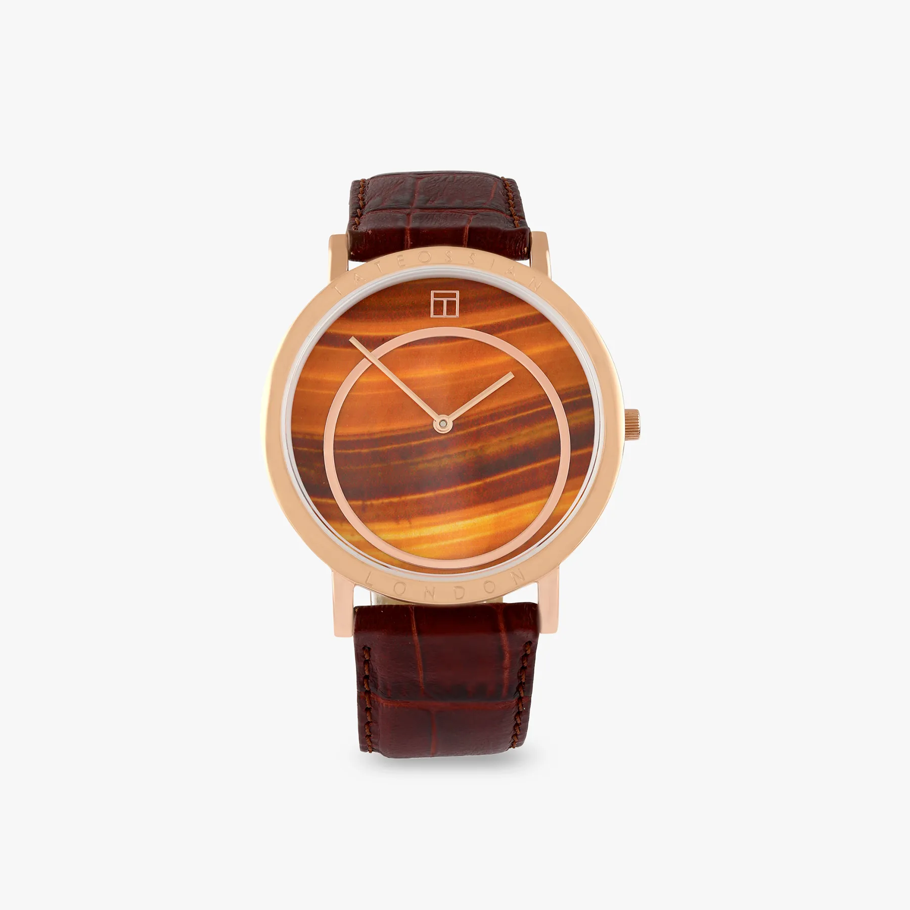 Prezioso Leather Watch In Brown With Tiger Eye And Rose Gold Plated Steel sold by Tateossian