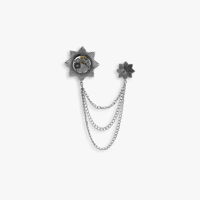 Star Medal Skeleton pin with Oxidised finished white bronze plated base metal sold by Tateossian