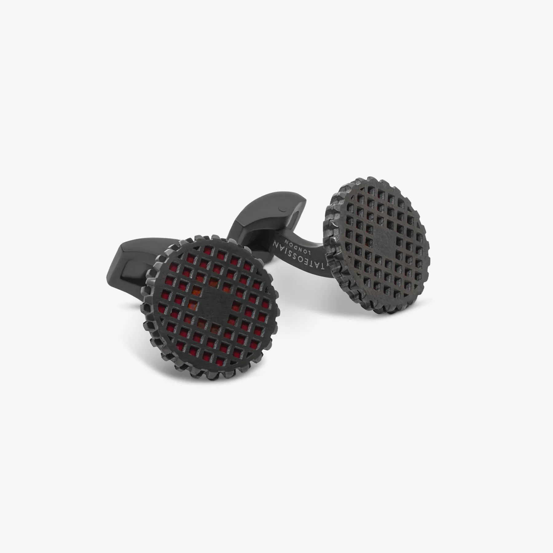 RT Elements gear cufflinks with red enamel sold by Tateossian