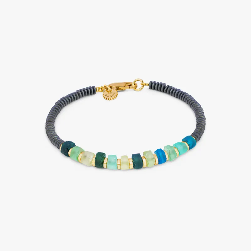 Yellow gold plated sterling silver Hematite Imperial bracelet with Roman glass sold by Tateossian