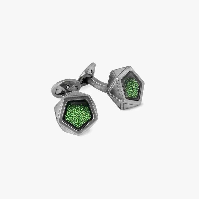 Green Gunmetal Plated Caviar Pentagon Beads Cufflinks sold by Tateossian