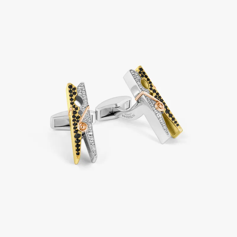 Mayfair Peg Cufflinks in Yellow Gold with Black Spinel & White Sapphire   sold by Tateossian