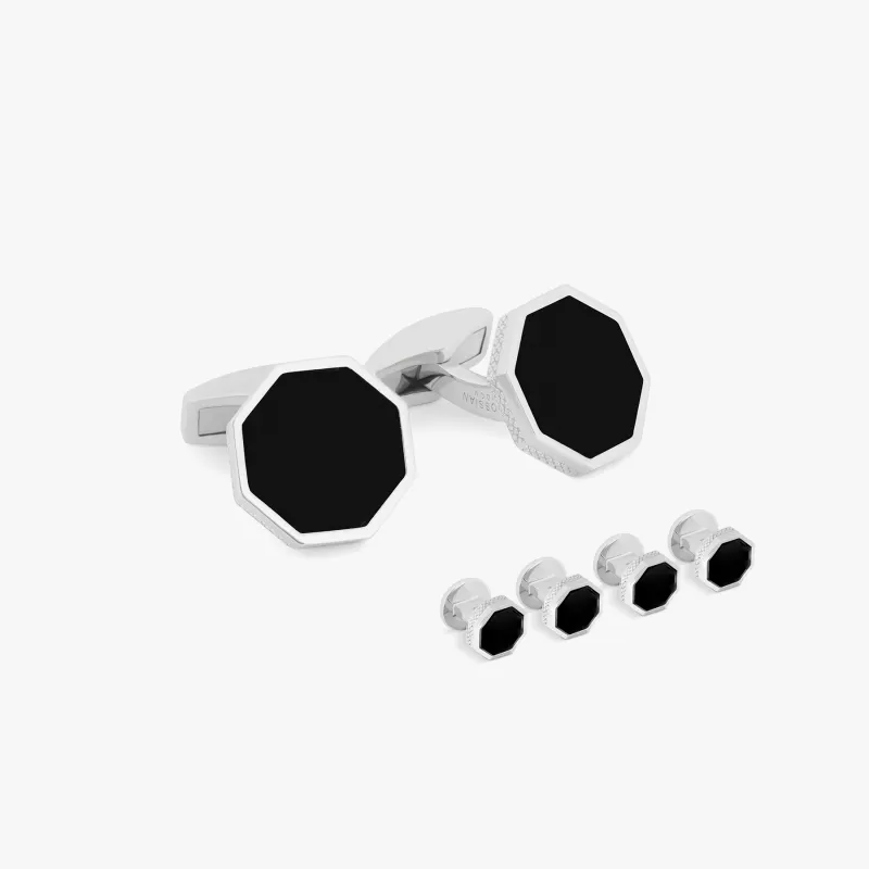 London Eye Cufflinks and Studs Set In Black Onyx With Rhodium Silver    sold by Tateossian
