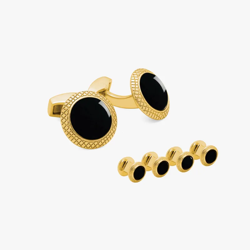 Bullseye Cufflinks And Studs Set With Black Onyx In Yellow Gold Plated sold by Tateossian
