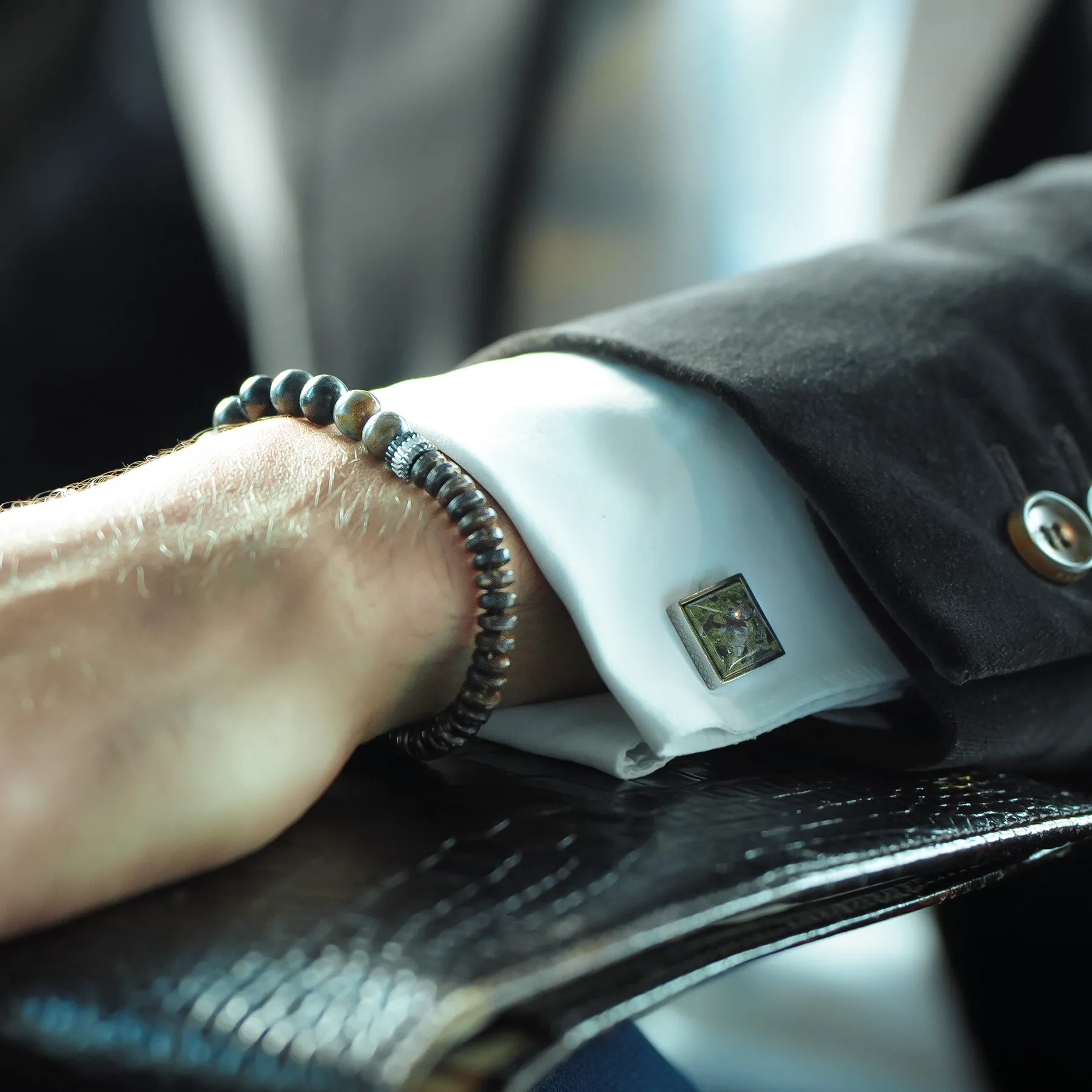 Titanium Classic Cufflinks with Green & Brown Forest Stone sold by Tateossian product image thumbnail 5