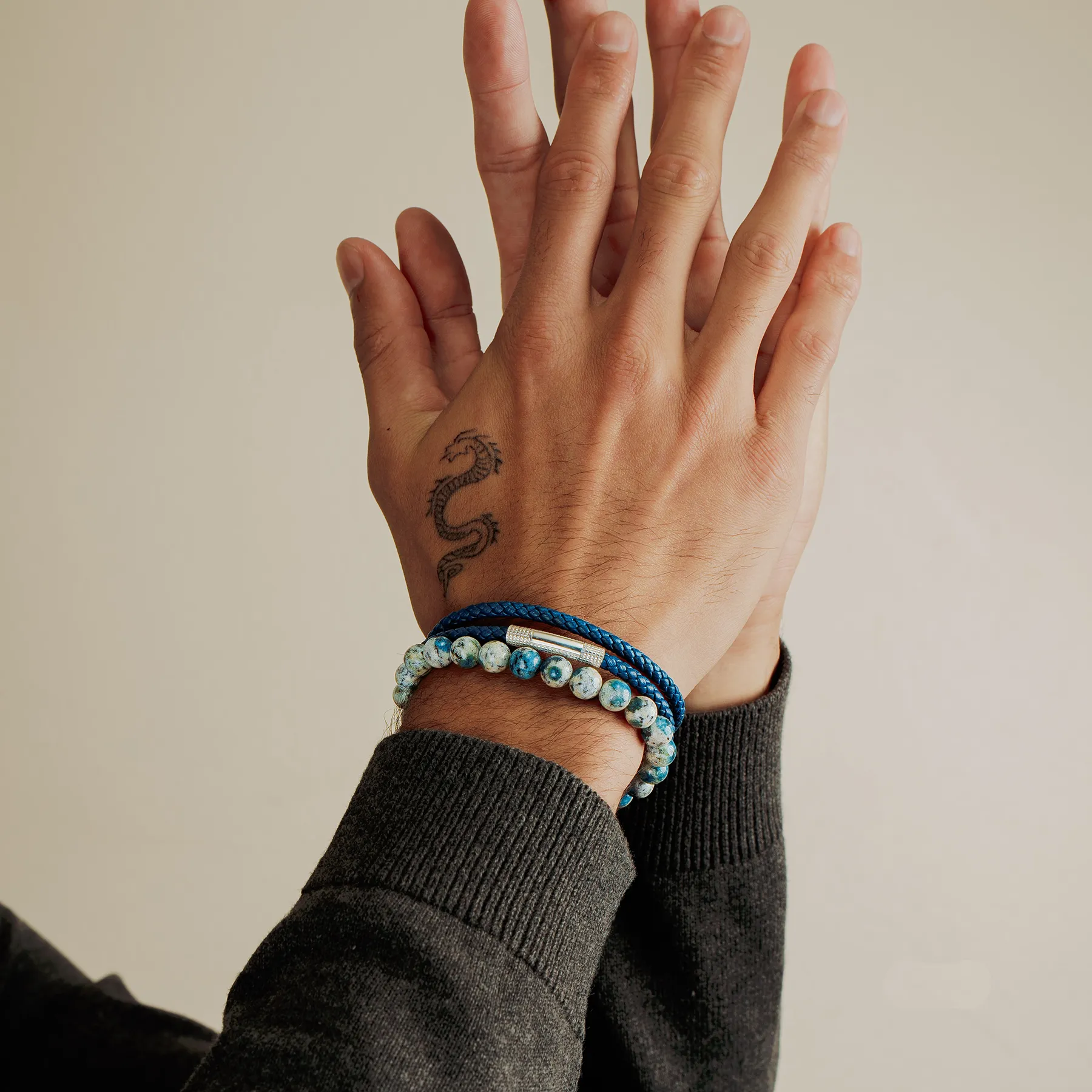 Giza Click Pelle Double Wrap Blue Leather Bracelet in Rhodium Silver sold by Tateossian product image thumbnail 5