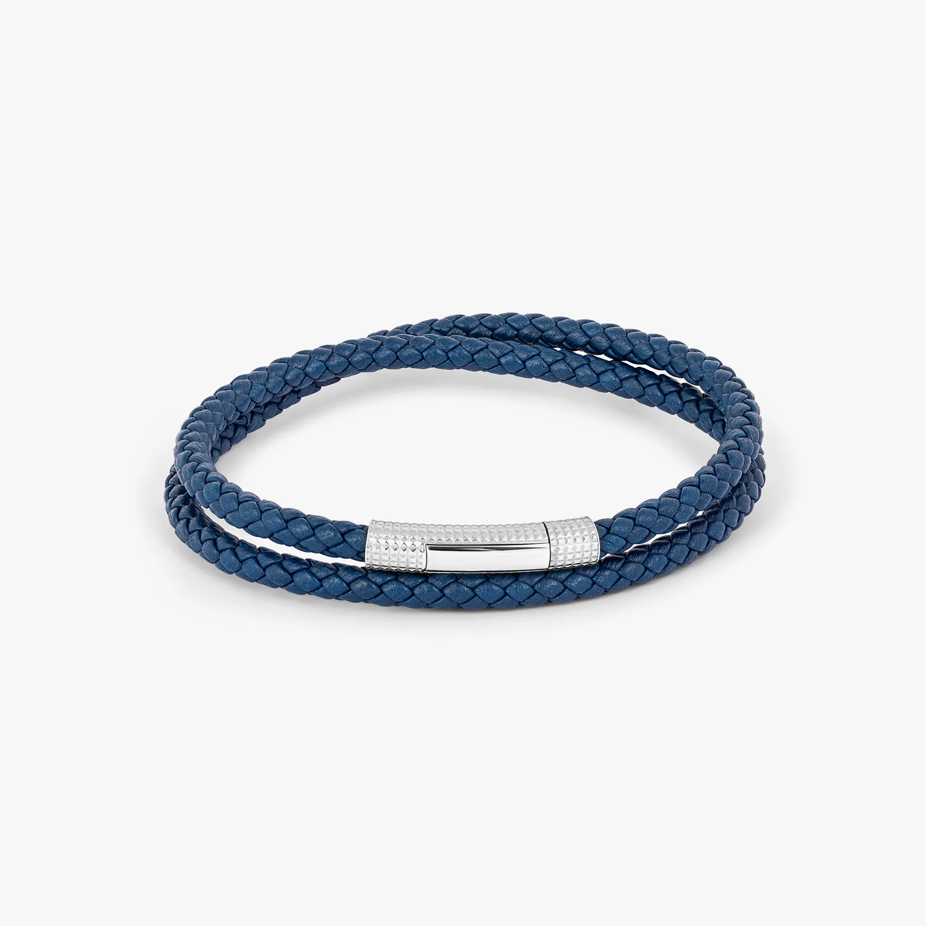 Giza Click Pelle Double Wrap Blue Leather Bracelet in Rhodium Silver sold by Tateossian