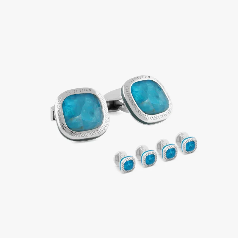 Apatite Doppione Cushion Cufflinks And Shirt Studs Set In Rhodium Silver sold by Tateossian
