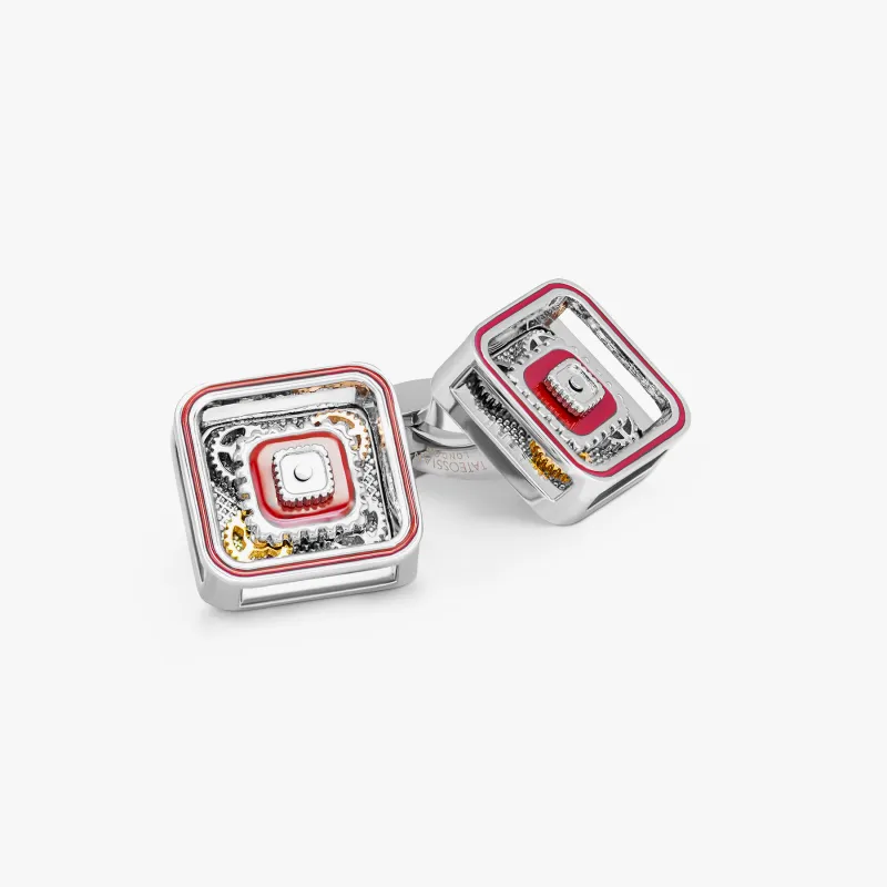 Quadrato Gear Cufflinks With Red Enamel In Palladium Plated sold by Tateossian