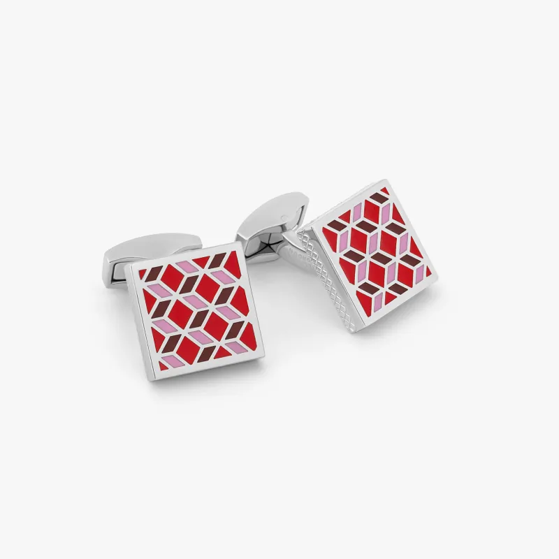 Geometric Cufflinks In Palladium Plated with red enamel sold by Tateossian