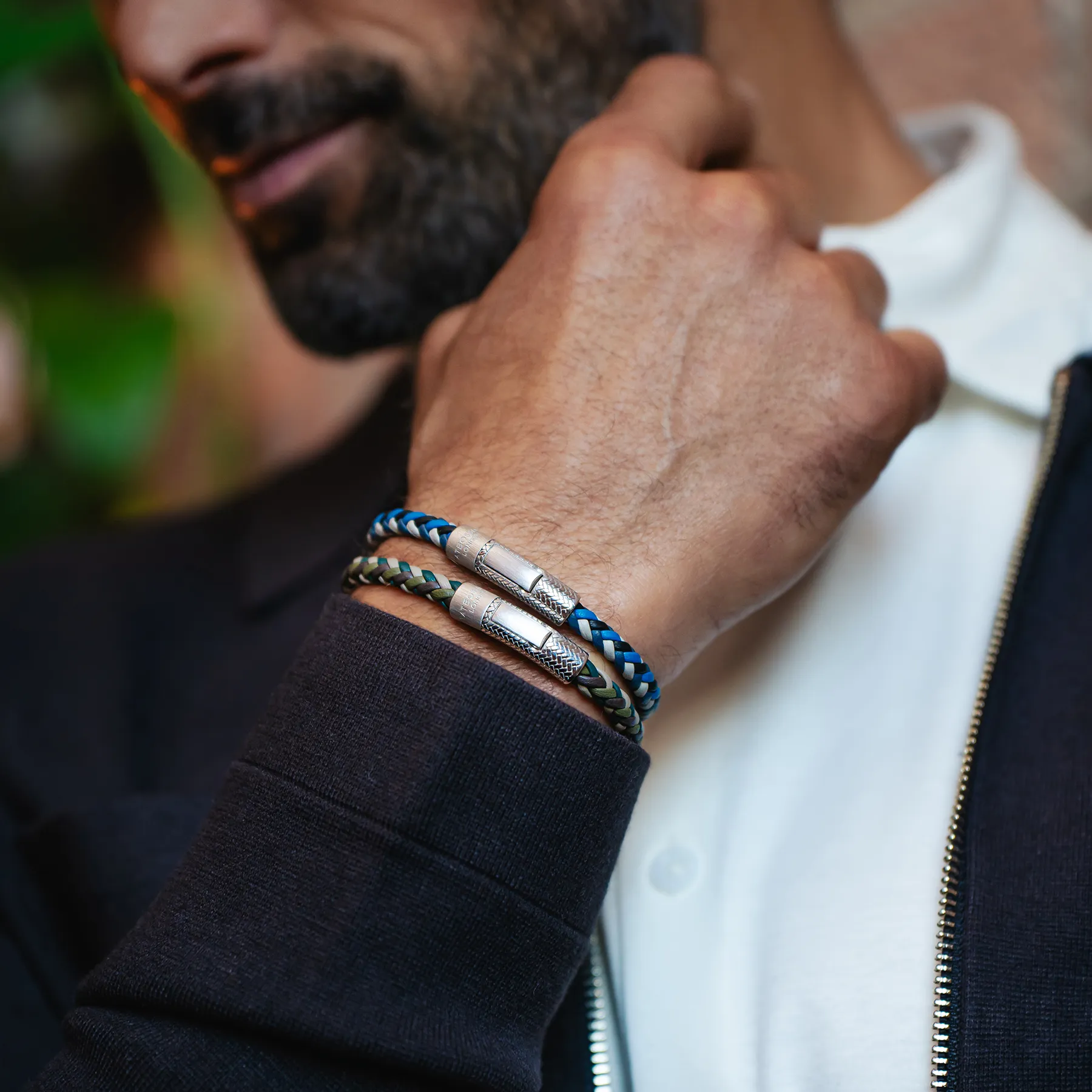 Herringbone Click Multi Pelle Bracelet In Rhodium Plated Sterling Silver With Blue Leather sold by Tateossian product image thumbnail 2