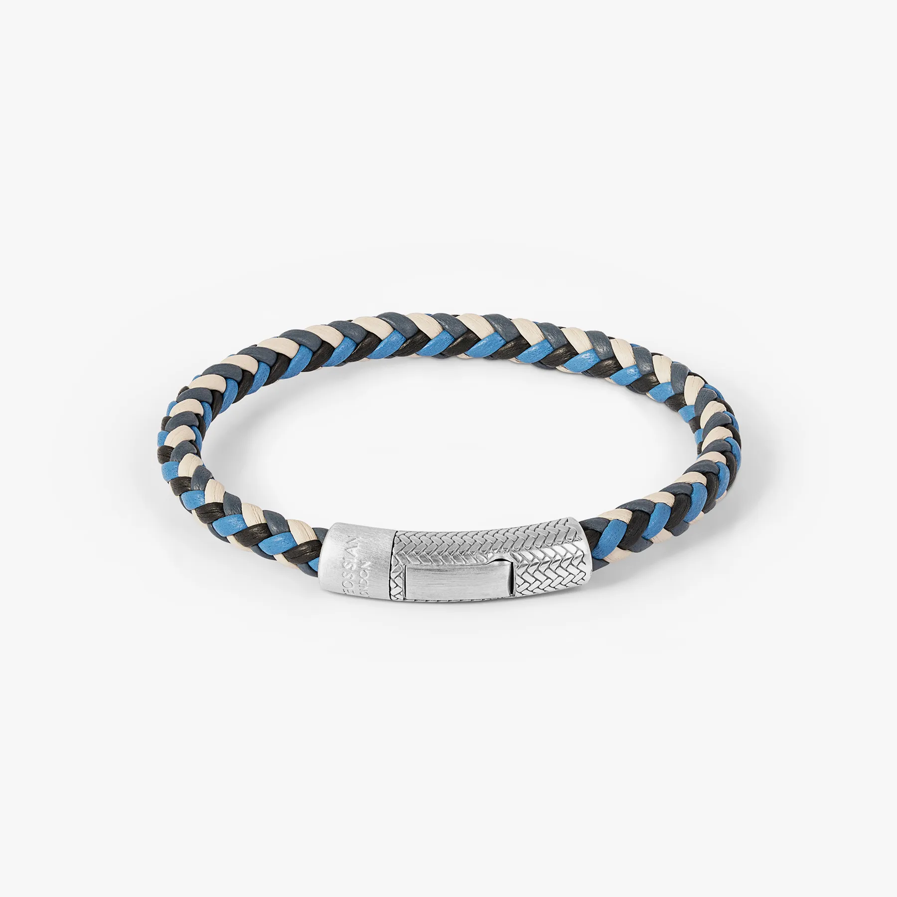Herringbone Click Multi Pelle Bracelet In Rhodium Plated Sterling Silver With Blue Leather sold by Tateossian