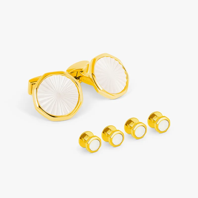 Sunburst Cufflinks & Dress Shirt Studs In Yellow Gold & White Mother Of Pearl made by Tateossian