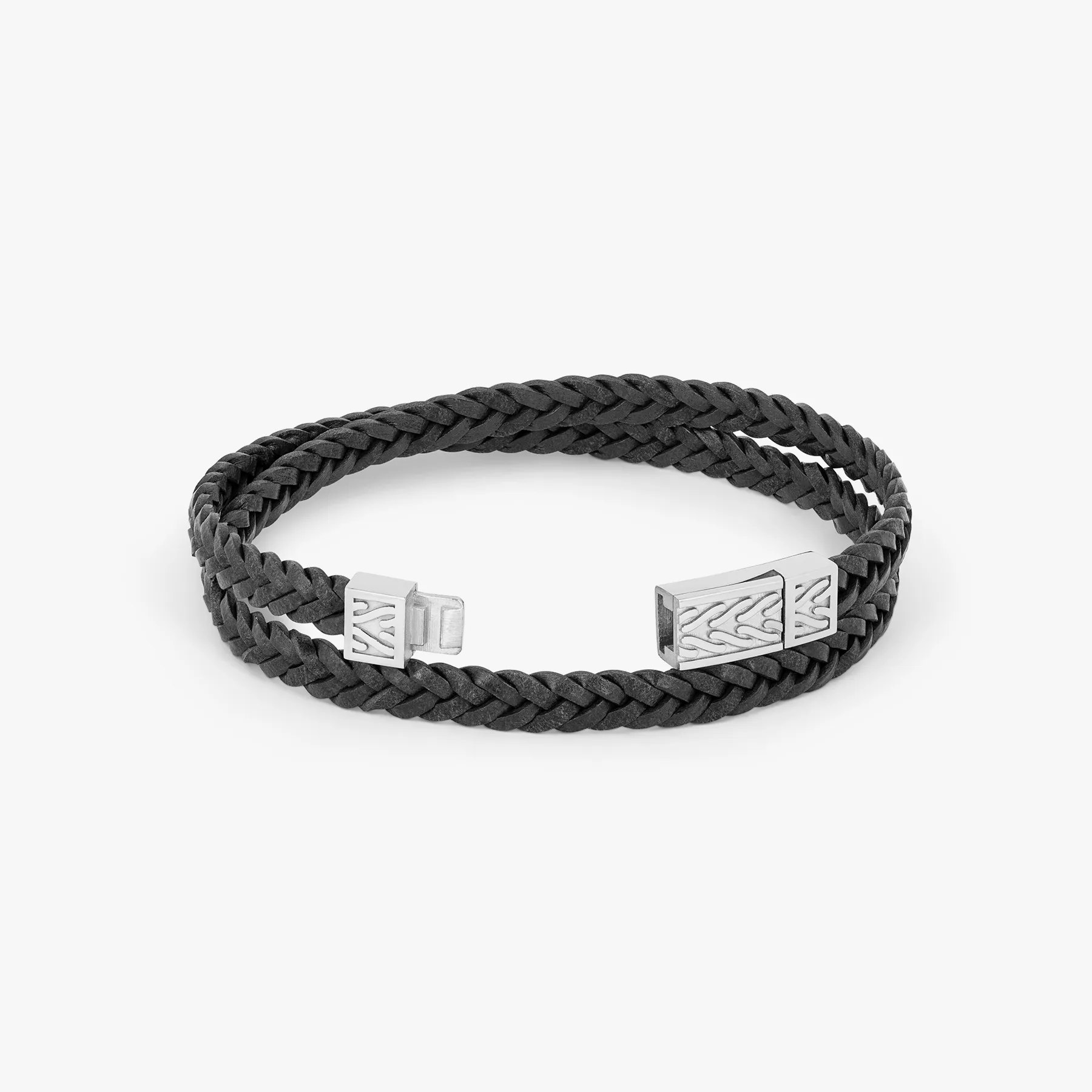 Herringbone Click Coda Di Volpe Pelle Leather Bracelet in Rhodium Silver with Black sold by Tateossian product image thumbnail 3