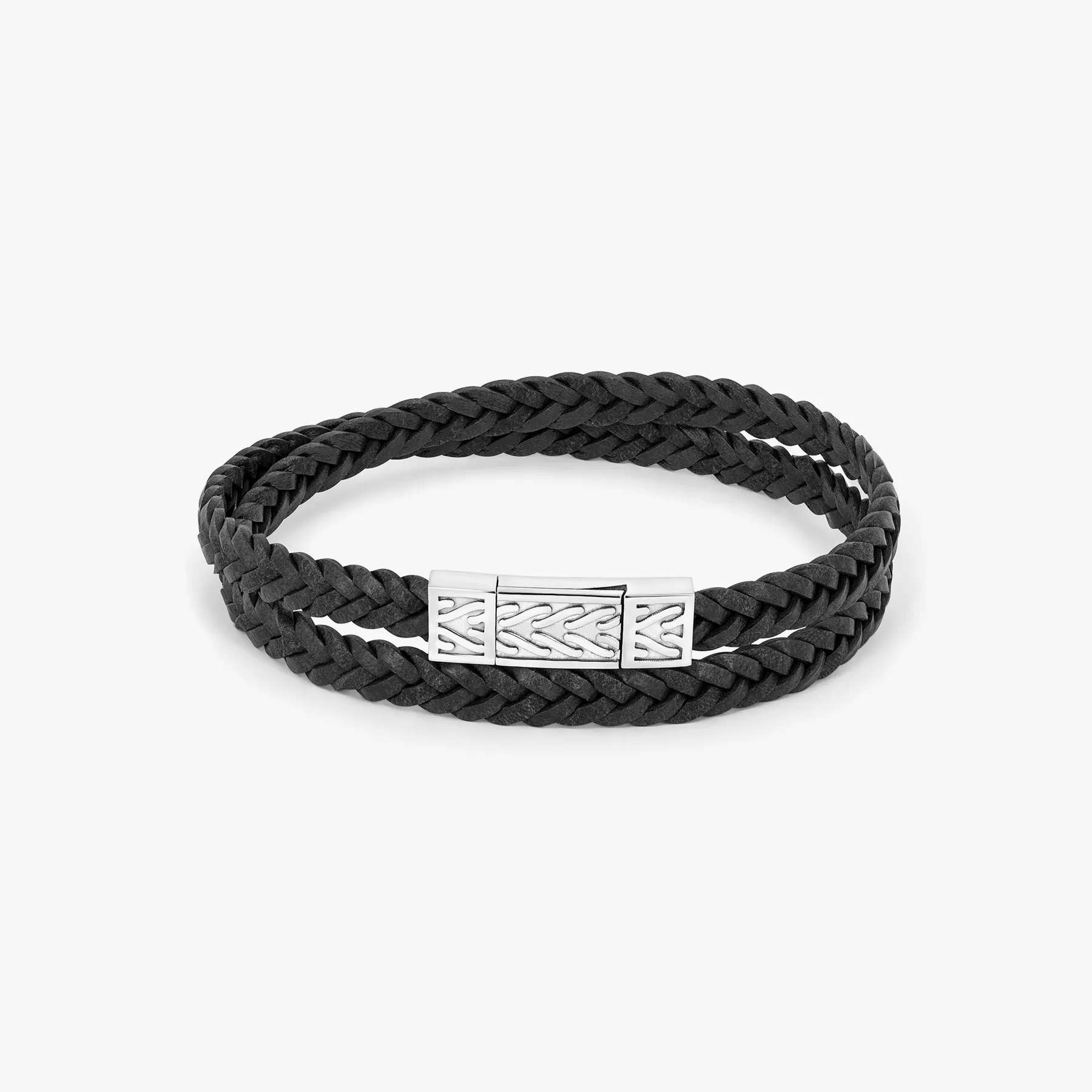 Herringbone Click Coda Di Volpe Pelle Leather Bracelet in Rhodium Silver with Black sold by Tateossian