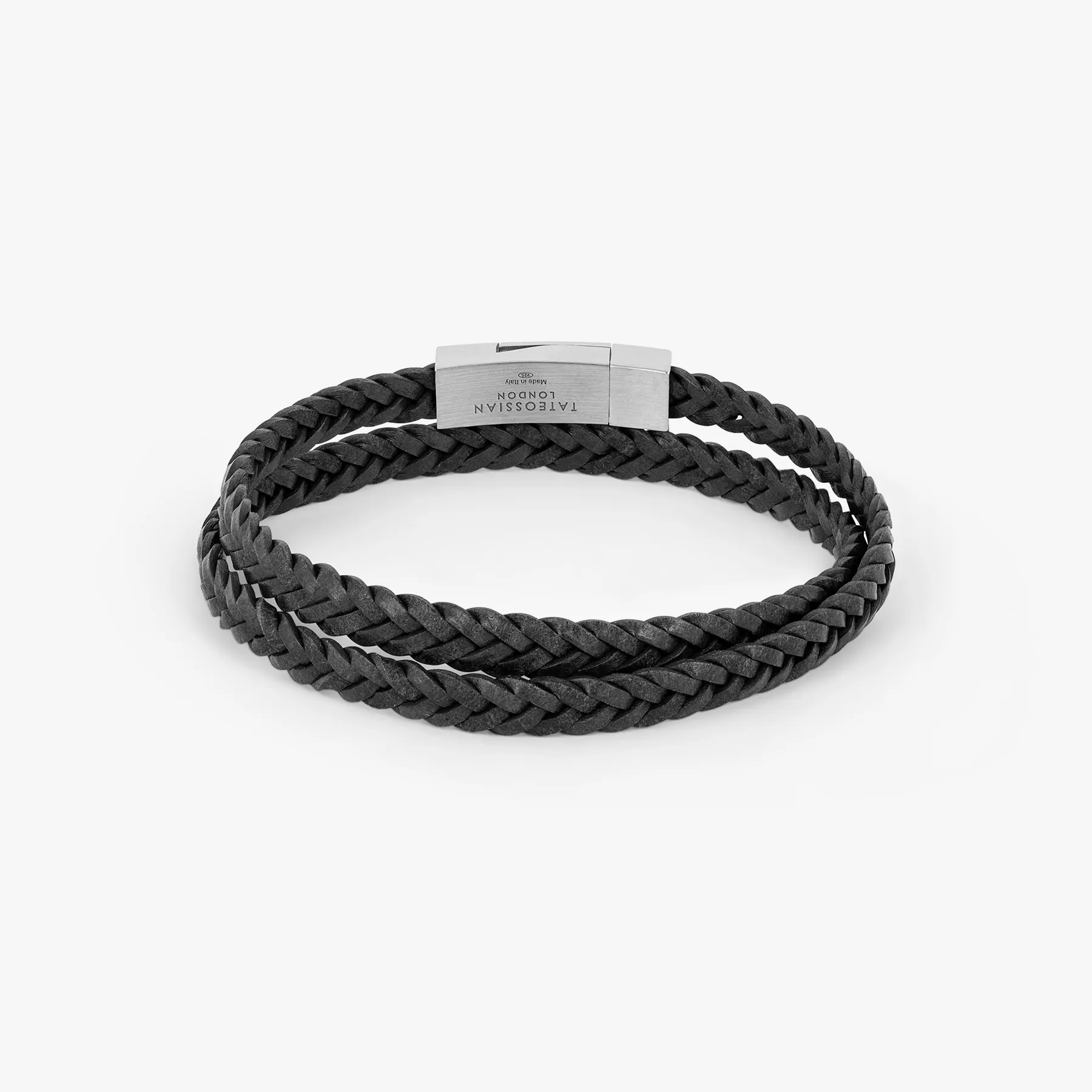 Herringbone Click Coda Di Volpe Pelle Leather Bracelet in Rhodium Silver with Black sold by Tateossian product image thumbnail 2