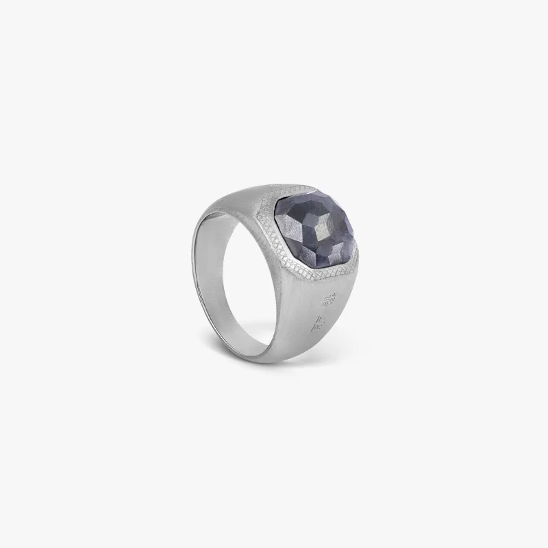 Doppione Signet Ring in Rhodium Silver with Grey Hematite made by Tateossian