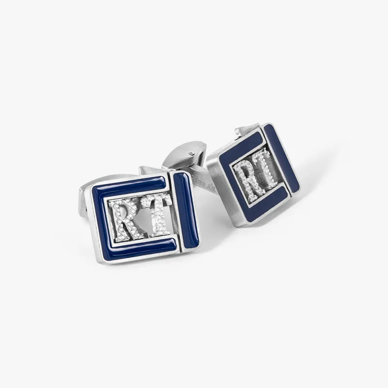 Grapheme Personalised Initials Cufflinks in Stainless Steel with Navy Enamel sold by Tateossian