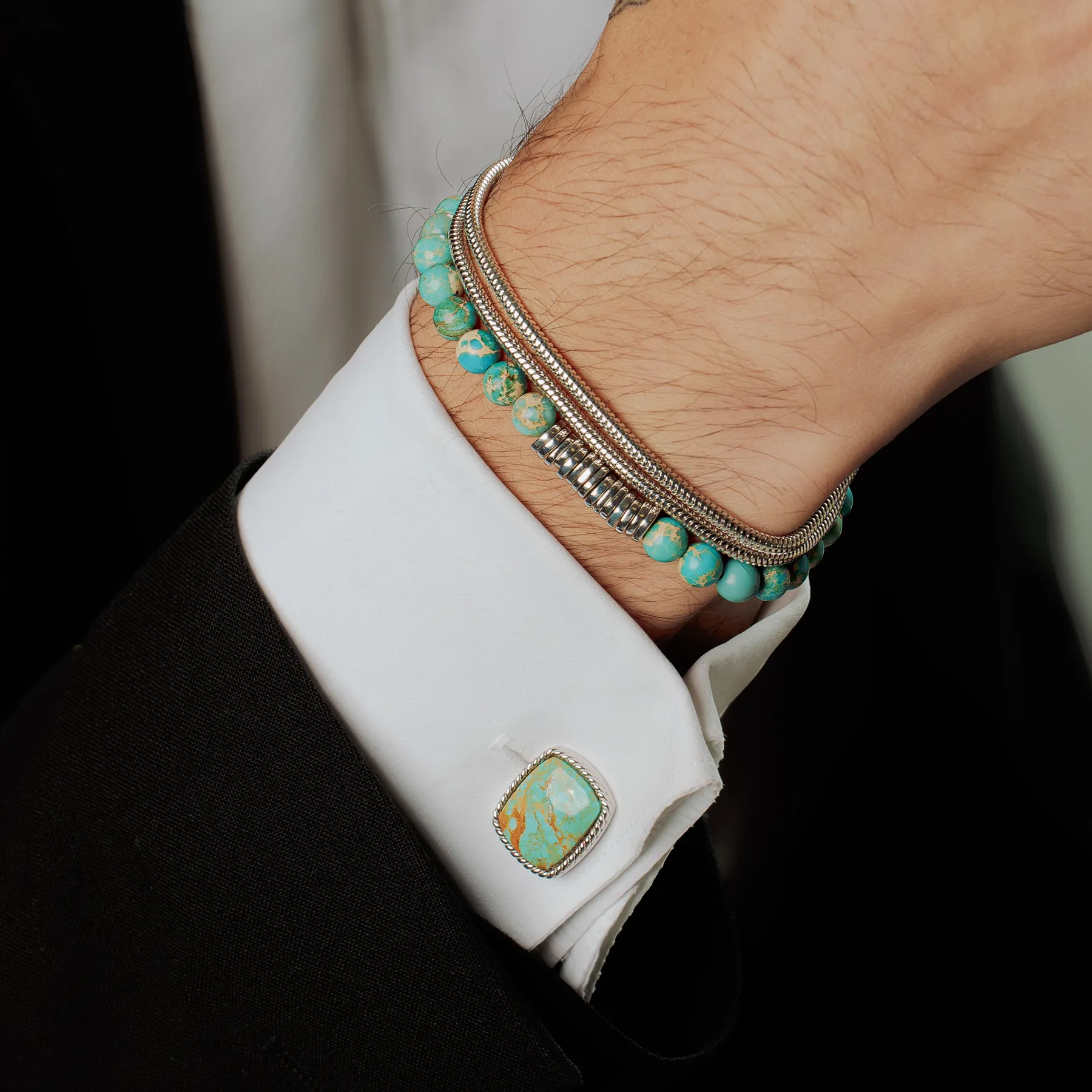 Cable Jasper Cufflinks in Rhodium Plated Silver with Amaroo Turquoise sold by Tateossian product image thumbnail 2