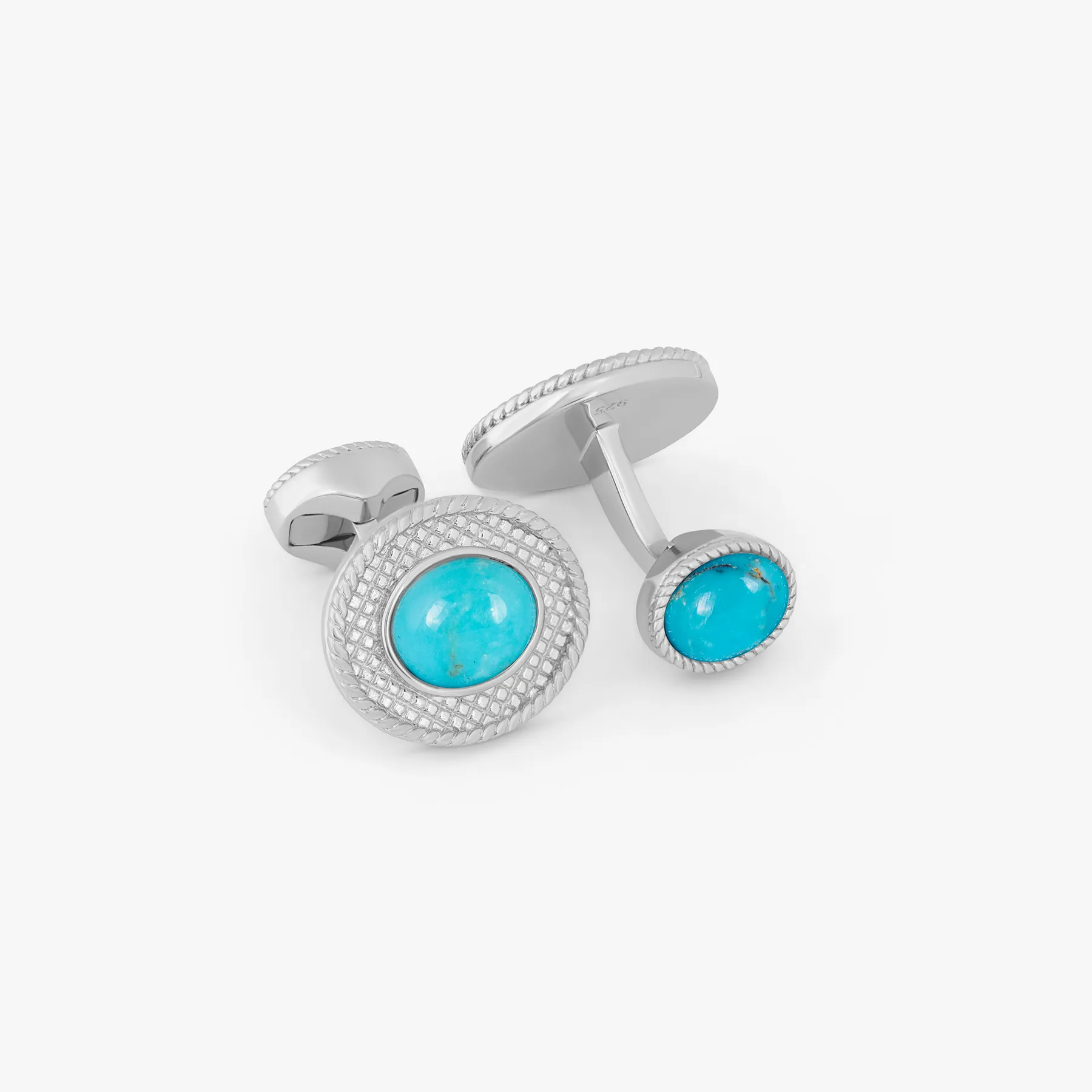 Cable Oval Cufflinks in Rhodium Plated Silver and Turquoise sold by Tateossian