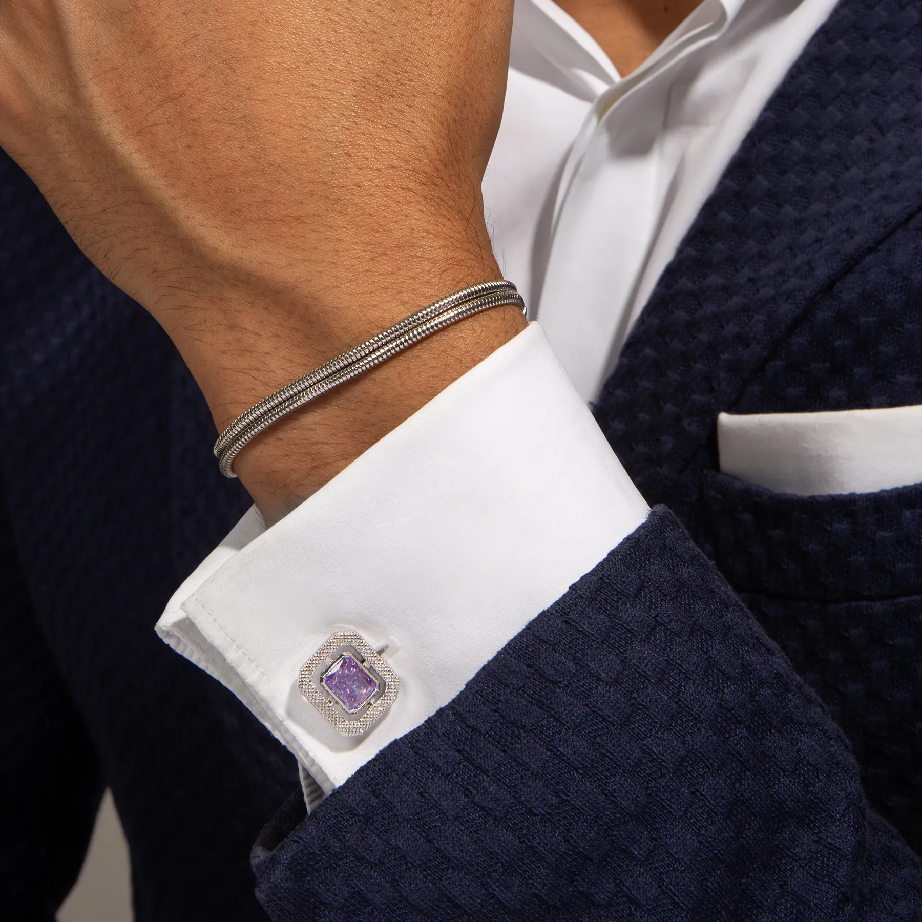 Halo Rectangular Cufflinks in Rhodium Plated with Lavender Cubic Zirconia sold by Tateossian product image thumbnail 2