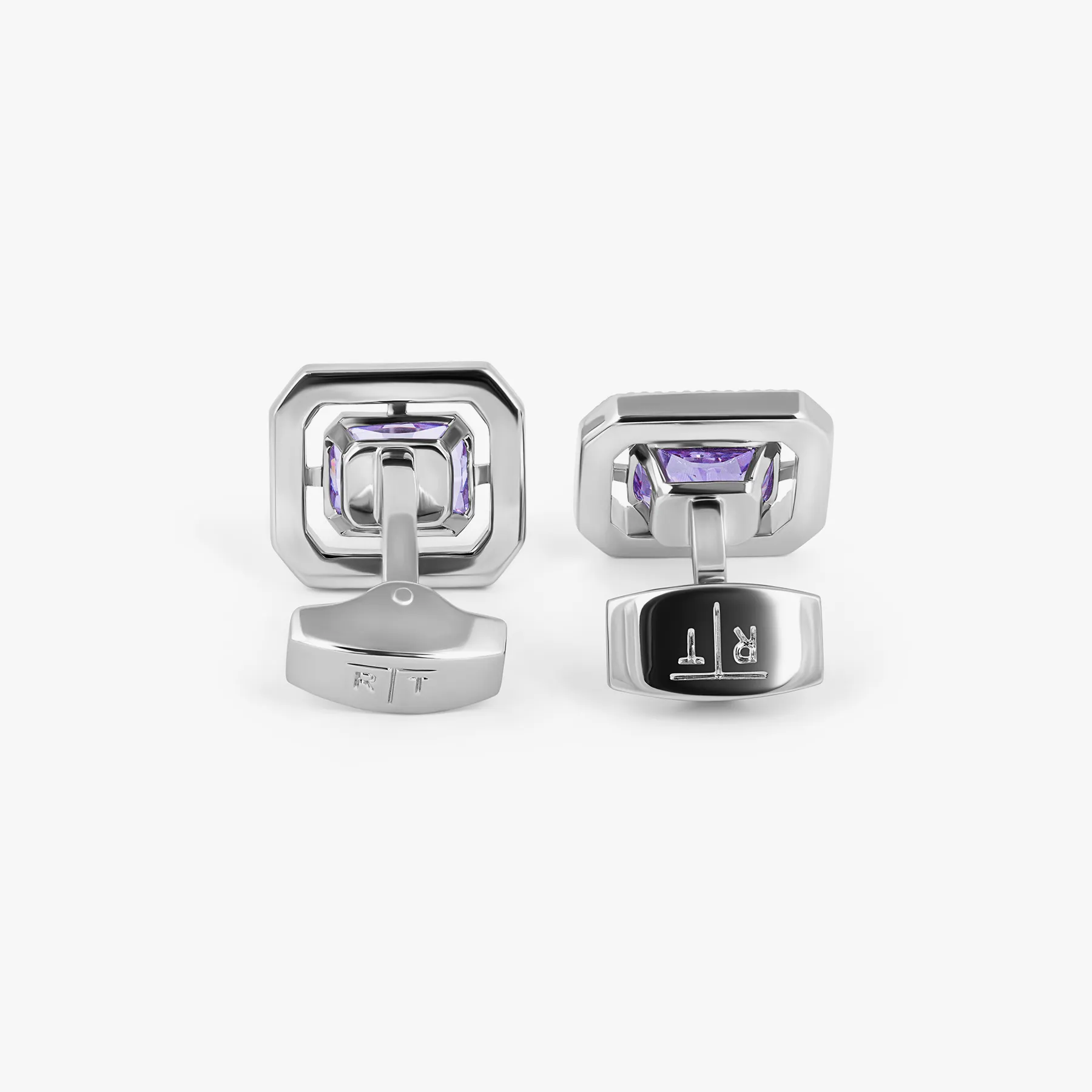 Halo Rectangular Cufflinks in Rhodium Plated with Lavender Cubic Zirconia sold by Tateossian product image thumbnail 3