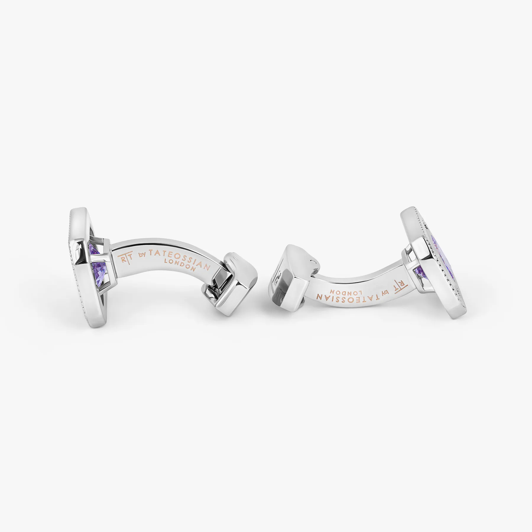 Halo Rectangular Cufflinks in Rhodium Plated with Lavender Cubic Zirconia sold by Tateossian product image thumbnail 4