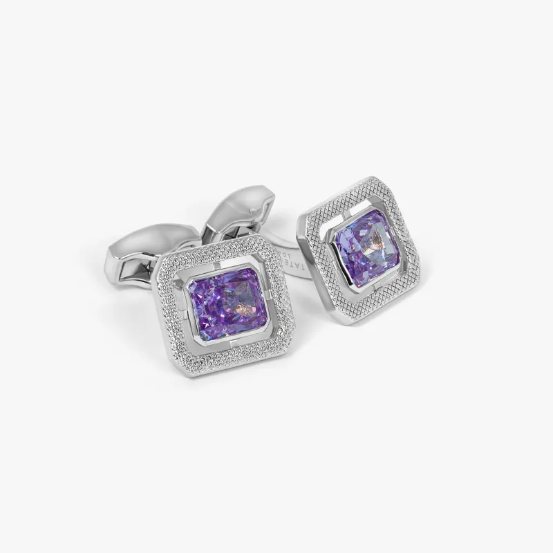 Halo Rectangular Cufflinks in Rhodium Plated with Lavender Cubic Zirconia sold by Tateossian