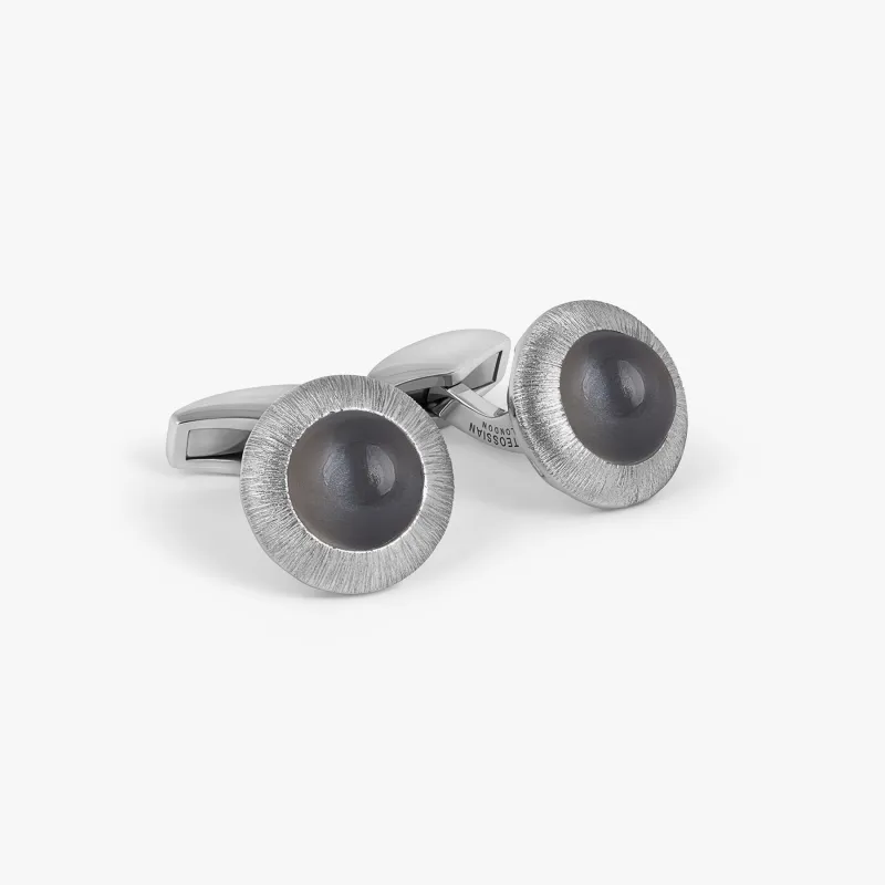Graffiato Moonstone Cufflinks in Rhodium Plated Silver made by Tateossian
