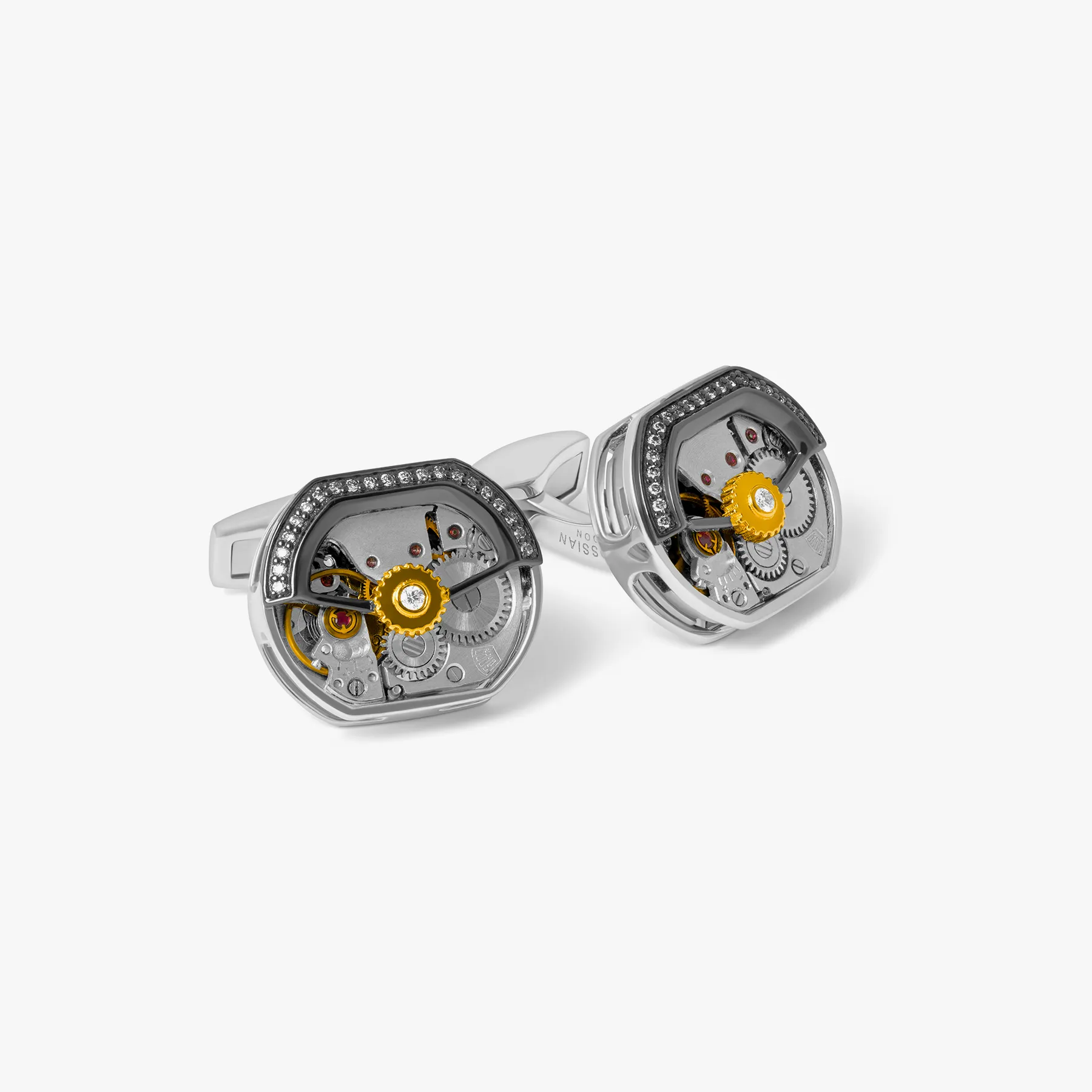 Diamond Tonneau Skeleton Cufflinks In Rhodium Silver (Limited Edition) sold by Tateossian