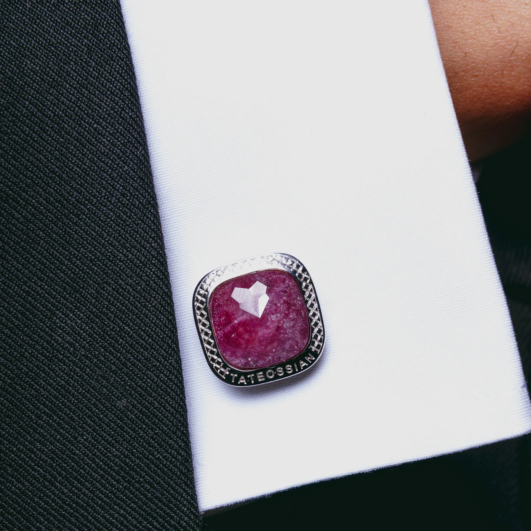Doppione Cushion Cufflinks With Ruby In Rhodium Silver sold by Tateossian product image thumbnail 2