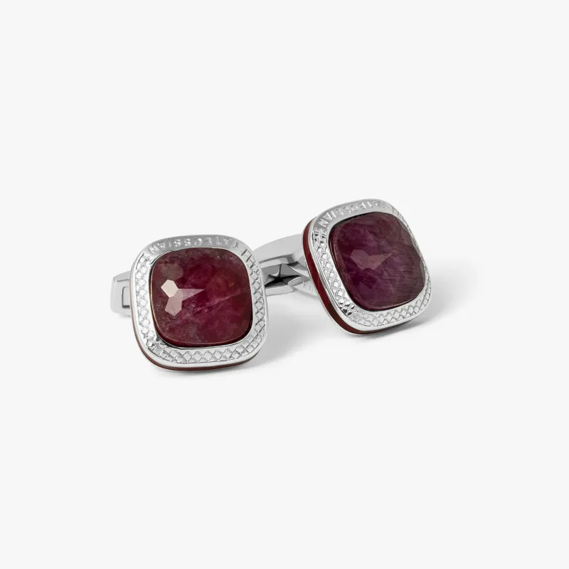 Doppione Cushion Cufflinks With Ruby In Rhodium Silver sold by Tateossian