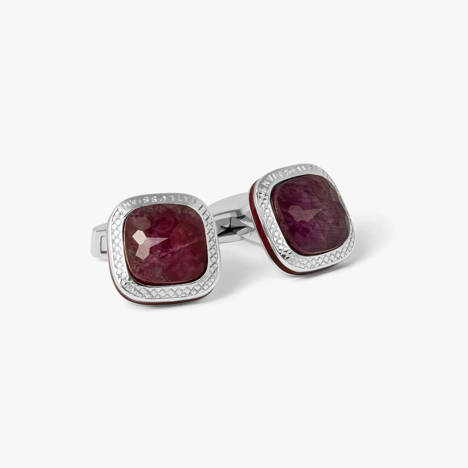 Doppione Cushion Cufflinks With Ruby In Rhodium Silver sold by Tateossian