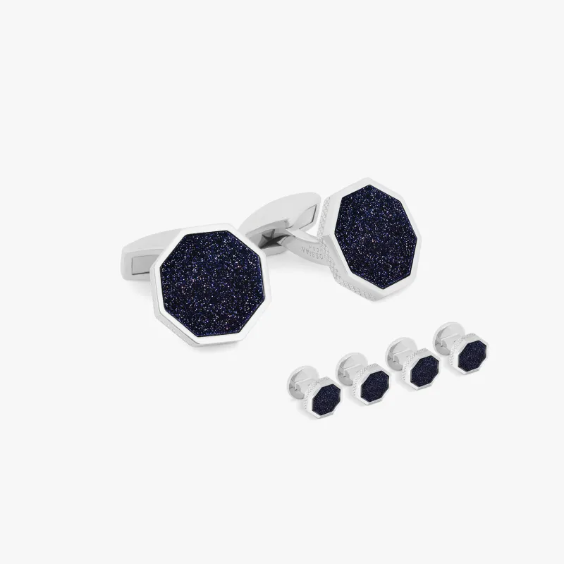 London Eye Cufflinks and Shirt Studs in Rhodium Silver with Blue Goldstone sold by Tateossian