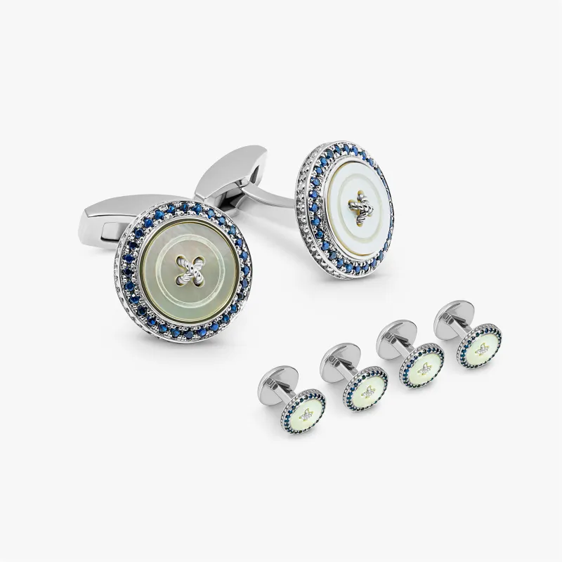 Precious Button cufflink stud set with white mother of pearl and sapphires sold by Tateossian